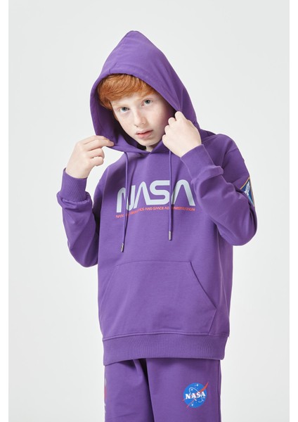 Erkek Çocuk Unisex Nasa Baskı Detaylı Oversize Kapüşonlu Çocuk Eşofman Takımı