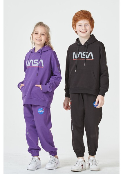 Erkek Çocuk Unisex Nasa Baskı Detaylı Oversize Kapüşonlu Çocuk Eşofman Takımı