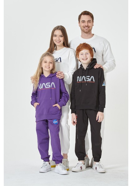 Erkek Çocuk Unisex Nasa Baskı Detaylı Oversize Kapüşonlu Çocuk Eşofman Takımı
