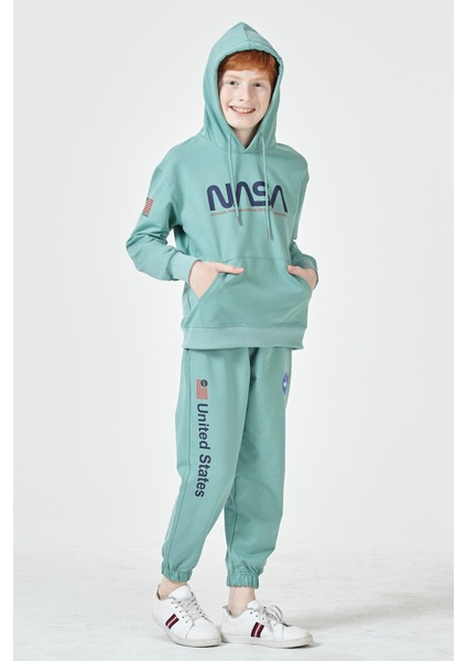 Black One Erkek Çocuk Unisex  Nasa Baskı Detaylı Oversize Kapüşonlu Çocuk Eşofman Takımı