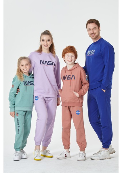 Black One Erkek Çocuk Unisex  Nasa Baskı Detaylı Oversize Kapüşonlu Çocuk Eşofman Takımı