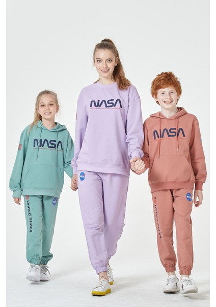 Black One Erkek Çocuk Unisex  Nasa Baskı Detaylı Oversize Kapüşonlu Çocuk Eşofman Takımı