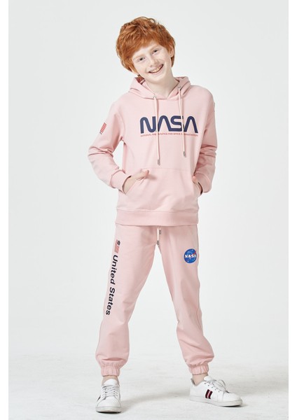 Black One Erkek Çocuk Unisex  Nasa Baskı Detaylı Oversize Kapüşonlu Çocuk Eşofman Takımı