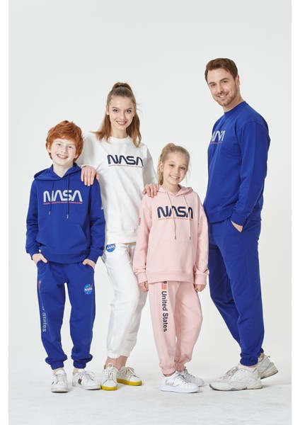 Black One Erkek Çocuk Unisex  Nasa Baskı Detaylı Oversize Kapüşonlu Çocuk Eşofman Takımı