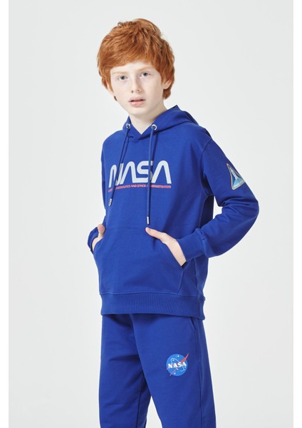 Black One Erkek Çocuk Unisex  Nasa Baskı Detaylı Oversize Kapüşonlu Çocuk Eşofman Takımı