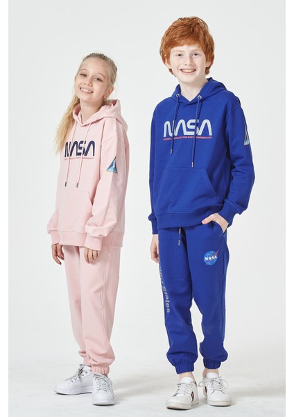 Black One Erkek Çocuk Unisex  Nasa Baskı Detaylı Oversize Kapüşonlu Çocuk Eşofman Takımı