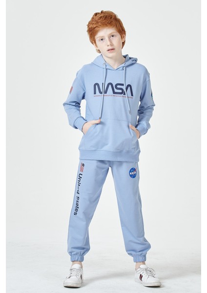 Black One Erkek Çocuk Unisex  Nasa Baskı Detaylı Oversize Kapüşonlu Çocuk Eşofman Takımı