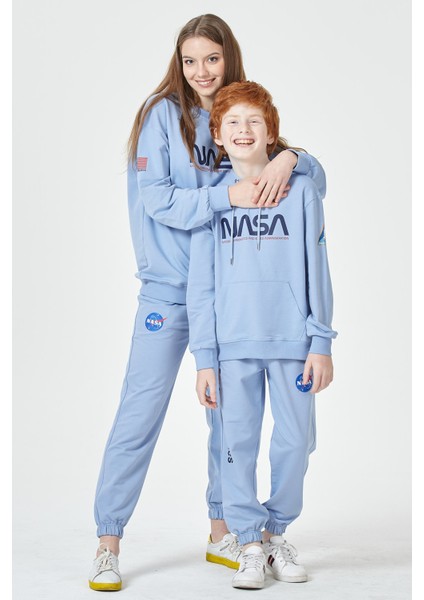 Black One Erkek Çocuk Unisex  Nasa Baskı Detaylı Oversize Kapüşonlu Çocuk Eşofman Takımı