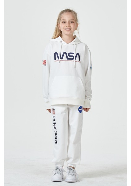 Kız Çocuk Unisex Grimelanj Nasa Baskı Detaylı Oversize Kapüşonlu Çocuk Eşofman Takımı