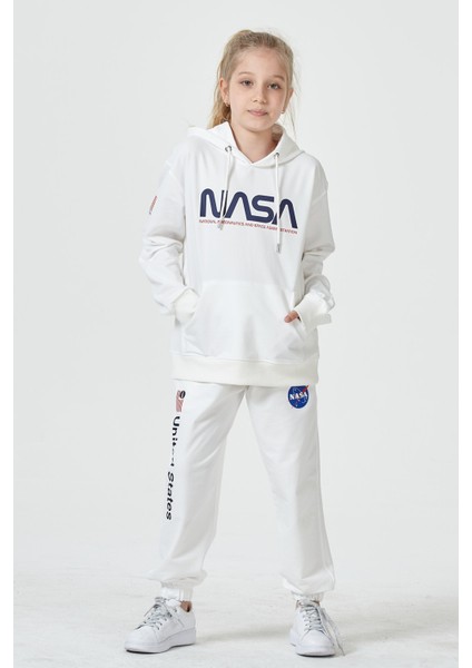 Kız Çocuk Unisex Grimelanj Nasa Baskı Detaylı Oversize Kapüşonlu Çocuk Eşofman Takımı modelleri