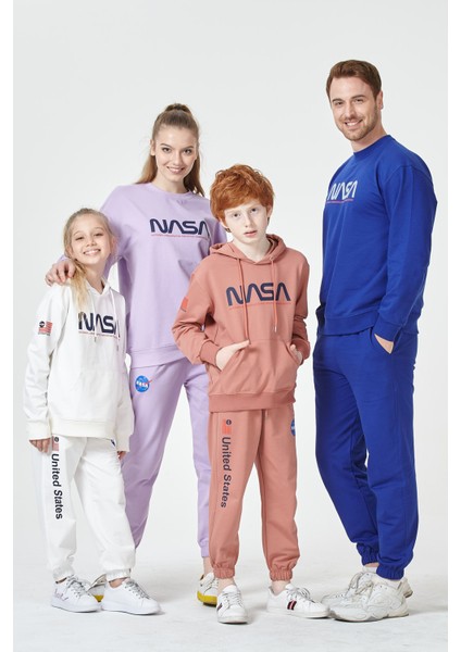 Kız Çocuk Unisex Grimelanj Nasa Baskı Detaylı Oversize Kapüşonlu Çocuk Eşofman Takımı