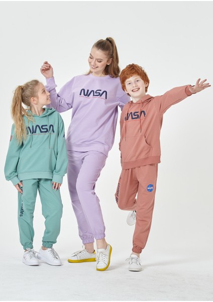 Kız Çocuk Unisex Grimelanj Nasa Baskı Detaylı Oversize Kapüşonlu Çocuk Eşofman Takımı