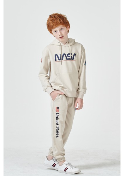 Unisex Çocuk Lila Nasa Baskı Detaylı Oversize Kapüşonlu Eşofman Takımı