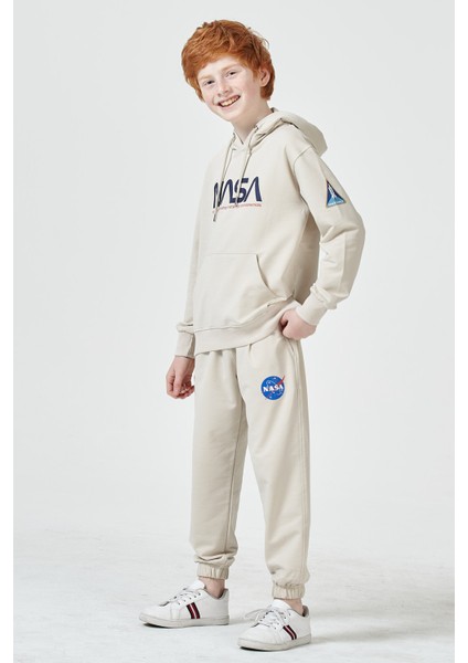 Unisex Çocuk Lila Nasa Baskı Detaylı Oversize Kapüşonlu Eşofman Takımı