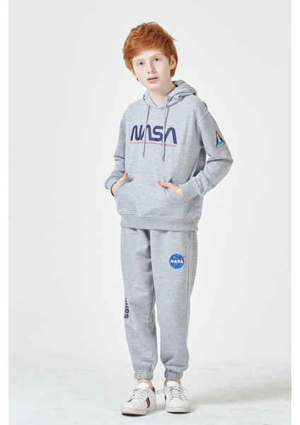 Black One Erkek Çocuk Unisex  Nasa Baskı Detaylı Oversize Kapüşonlu Çocuk Eşofman Takımı