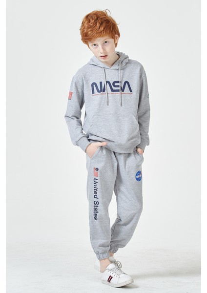 Black One Erkek Çocuk Unisex  Nasa Baskı Detaylı Oversize Kapüşonlu Çocuk Eşofman Takımı