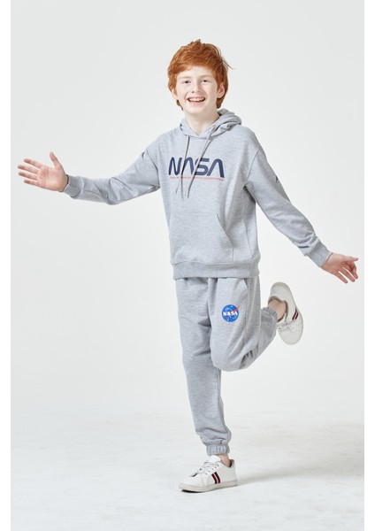 Black One Erkek Çocuk Unisex  Nasa Baskı Detaylı Oversize Kapüşonlu Çocuk Eşofman Takımı