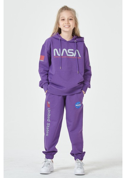 Black One Kız Çocuk Unisex  Nasa Baskı Detaylı Oversize Kapüşonlu Çocuk Eşofman Takımı