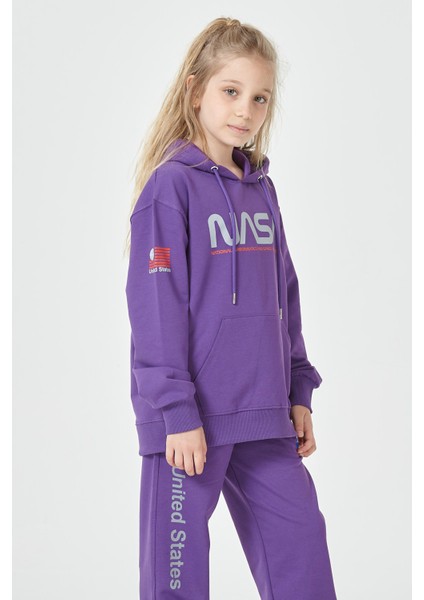 Black One Kız Çocuk Unisex  Nasa Baskı Detaylı Oversize Kapüşonlu Çocuk Eşofman Takımı