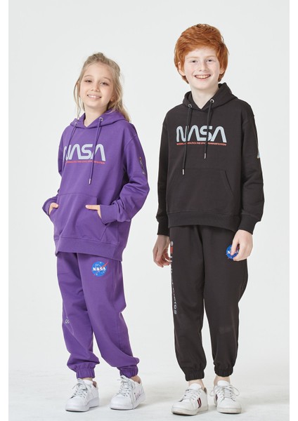 Black One Kız Çocuk Unisex  Nasa Baskı Detaylı Oversize Kapüşonlu Çocuk Eşofman Takımı