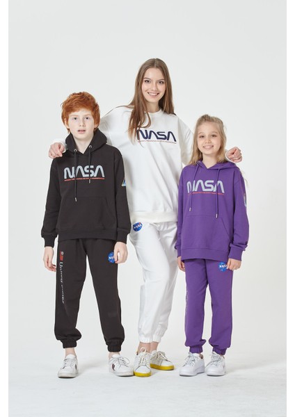 Black One Kız Çocuk Unisex  Nasa Baskı Detaylı Oversize Kapüşonlu Çocuk Eşofman Takımı