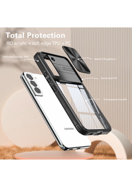 Samsung Galaxy S22+ Için Sürgülü Kamera Kapaklı Tpu Tamponu Temizle Telefon Kılıfı - Siyah (Yurt Dışından)