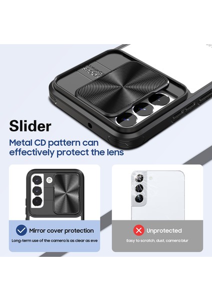 Samsung Galaxy S22+ Için Sürgülü Kamera Kapaklı Tpu Tamponu Temizle Telefon Kılıfı - Siyah (Yurt Dışından)