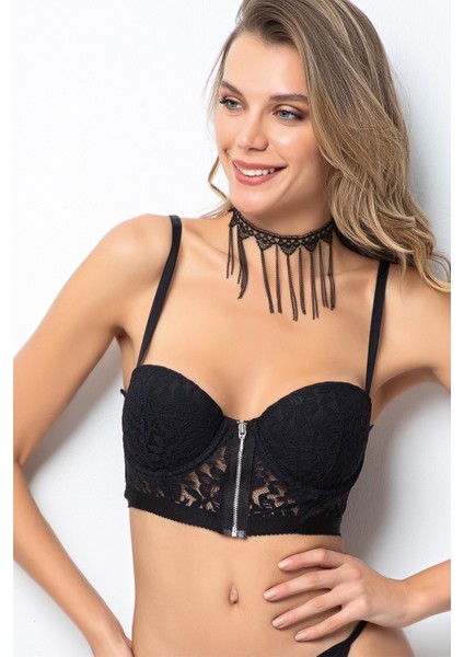Kadın Siyah Fermuarlı Yarım Dolgulu Büstiyer fiyatları