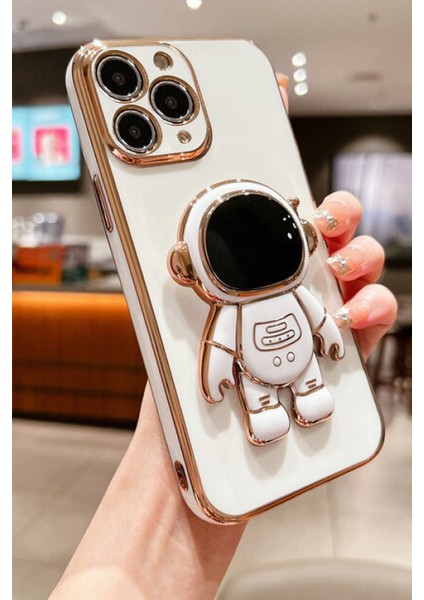 Deilmi Robot Parlak Anitk Beyaz IOS 14 Pro Max Uyumlu Özel Tasarım Kamera Korumalı Yumuşak Silikon Stand Luxury Robot Kapak Kılıf