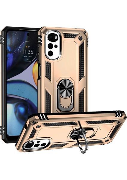 Motorola Moto G22 Için Halka Tutuculu Çift Katmanlı Telefon Kılıfı - Altın (Yurt Dışından)