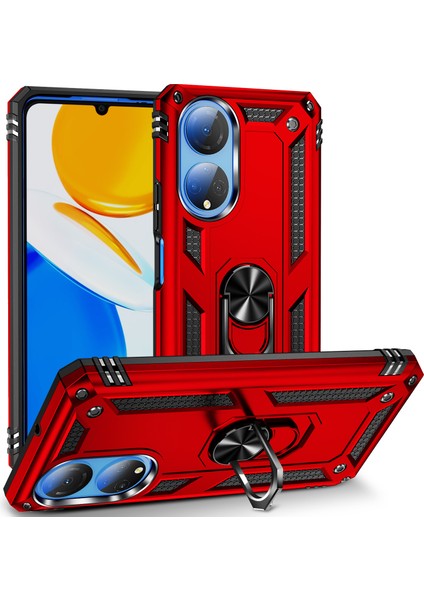 Honor X7 Için Halka Tutuculu Çift Katmanlı Telefon Kılıfı - Kırmızı (Yurt Dışından)