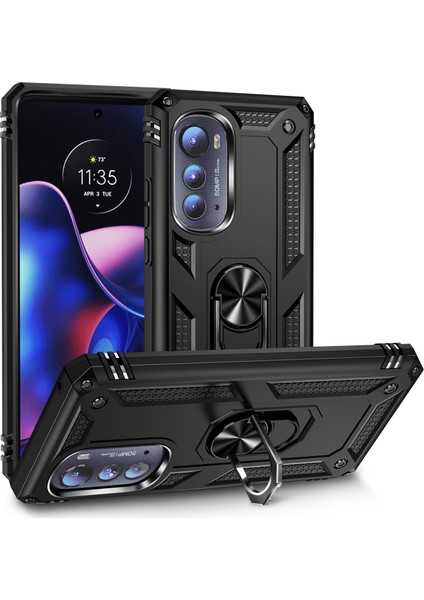 Motorola Edge 2022 Için Halka Tutuculu Çift Katmanlı Telefon Kılıfı - Siyah (Yurt Dışından)