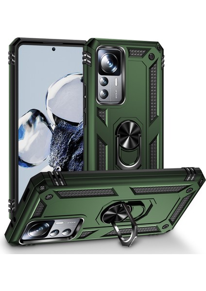 Xiaomi 12T/12T Pro/redmi K50 Ultra Için Halka Tutuculu Çift Katmanlı Telefon Kılıfı - Koyu Yeşil (Yurt Dışından)