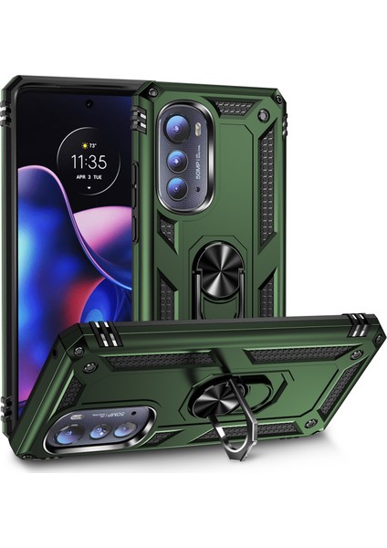 Motorola Edge 2022 Için Halka Tutuculu Çift Katmanlı Telefon Kılıfı - Koyu Yeşil (Yurt Dışından)