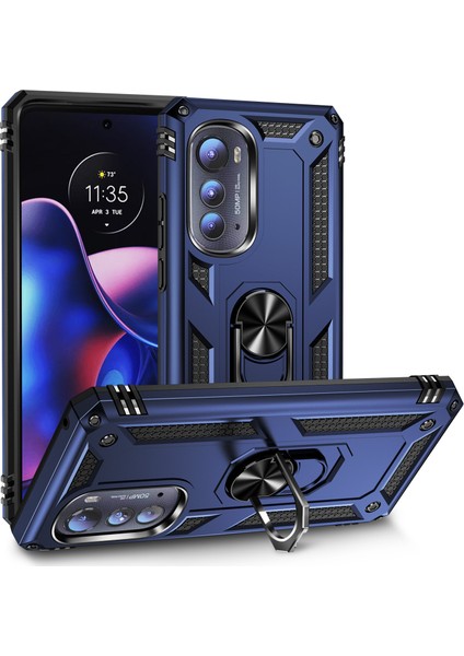 Motorola Edge 2022 Için Halka Tutuculu Çift Katmanlı Telefon Kılıfı - Mavi (Yurt Dışından)