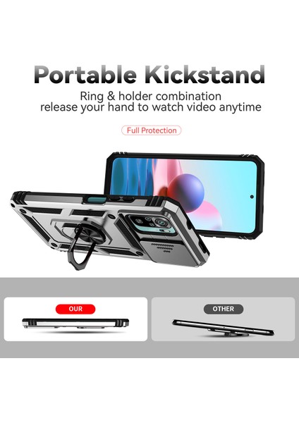 Xiaomi Redmi Note 10 4g/ Note 10S Için Halka Ayaklı ve Kayar Kamera Kapaklı Telefon Kılıf - Gümüş (Yurt Dışından)