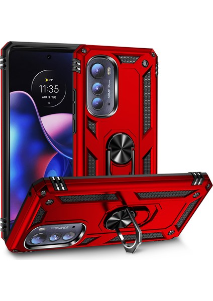 Motorola Edge 2022 Için Halka Tutuculu Çift Katmanlı Telefon Kılıfı - Kırmızı (Yurt Dışından)