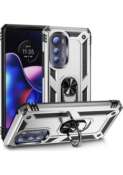 Motorola Edge 2022 Için Halka Tutuculu Çift Katmanlı Telefon Kılıfı - Gümüş (Yurt Dışından)