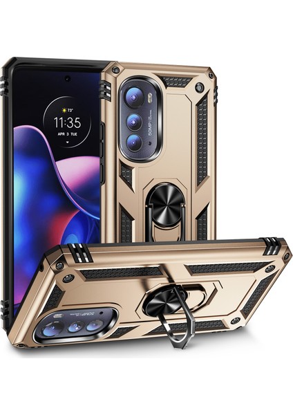 Motorola Edge 2022 Için Halka Tutuculu Çift Katmanlı Telefon Kılıfı - Altın (Yurt Dışından)