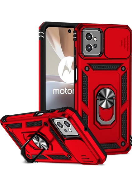 Motorola Moto G32 Için Halka Ayaklı ve Kayar Kamera Kapaklı Telefon Kılıf - Kırmızı (Yurt Dışından)
