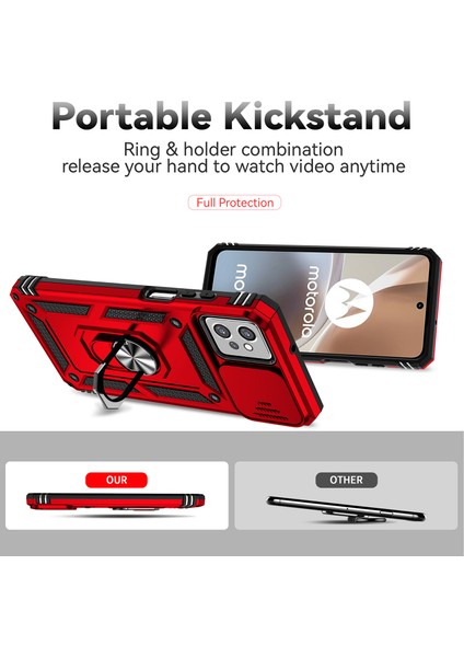 Motorola Moto G32 Için Halka Ayaklı ve Kayar Kamera Kapaklı Telefon Kılıf - Kırmızı (Yurt Dışından) indirimleri