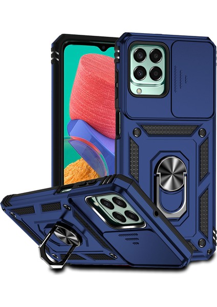 Samsung Galaxy M33 Için Halka Ayaklı ve Kayar Kamera Kapaklı Telefon Kılıf - Mavi (Yurt Dışından)