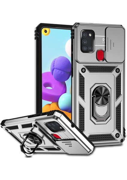 Samsung Galaxy A21S Için Halka Ayaklı ve Kayar Kamera Kapaklı Telefon Kılıf - Gümüş (Yurt Dışından)