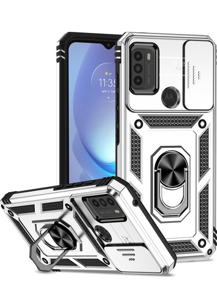 Motorola Moto G50 Için Halka Ayaklı ve Kayar Kamera Kapaklı Telefon Kılıf - Gümüş (Yurt Dışından)