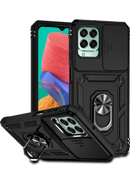 Samsung Galaxy M33 Için Halka Ayaklı ve Kayar Kamera Kapaklı Telefon Kılıf - Siyah (Yurt Dışından)