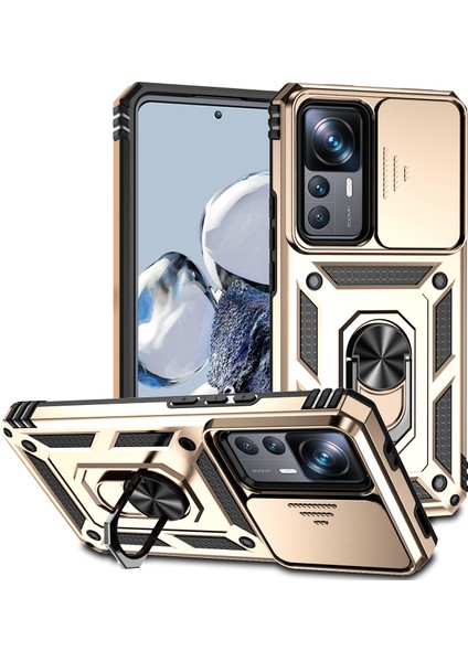Xiaomi 12T / 12T Pro / Redmi K50 Ultra Için Halka Ayaklı ve Kayar Kamera Kapaklı Telefon Kılıf - Altın (Yurt Dışından)