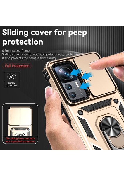 Xiaomi 12T / 12T Pro / Redmi K50 Ultra Için Halka Ayaklı ve Kayar Kamera Kapaklı Telefon Kılıf - Altın (Yurt Dışından) fiyatları