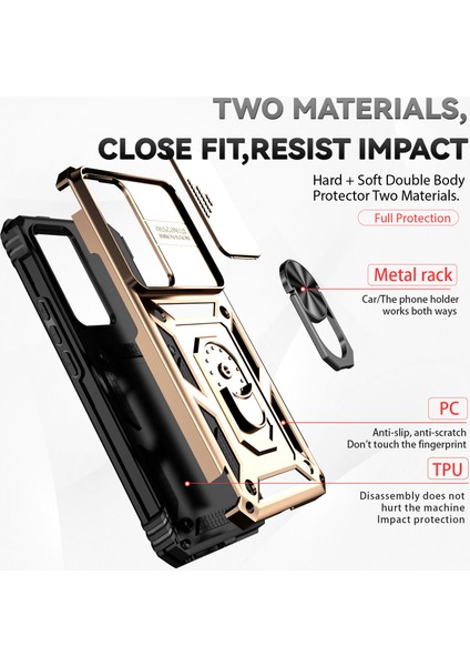 Xiaomi 12T / 12T Pro / Redmi K50 Ultra Için Halka Ayaklı ve Kayar Kamera Kapaklı Telefon Kılıf - Altın (Yurt Dışından) fırsatları