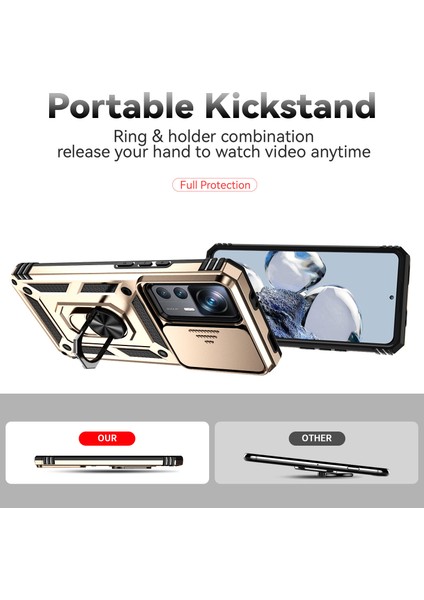 Xiaomi 12T / 12T Pro / Redmi K50 Ultra Için Halka Ayaklı ve Kayar Kamera Kapaklı Telefon Kılıf - Altın (Yurt Dışından) indirimleri