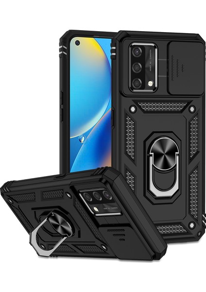 Oppo A74 4g / F19 Için Halka Ayaklı ve Kayar Kamera Kapaklı Telefon Kılıf - Siyah (Yurt Dışından)